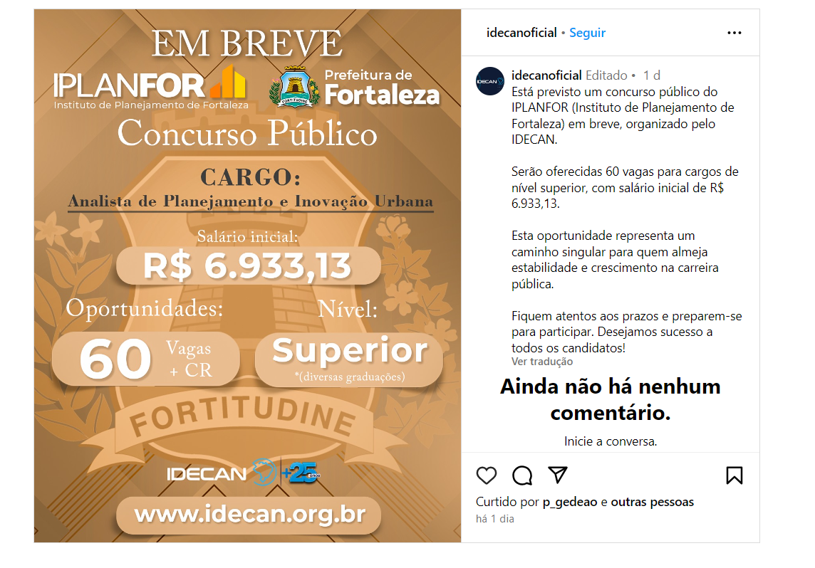 Concurso Iplanfor CE Instituto IDECAN é a banca Confira