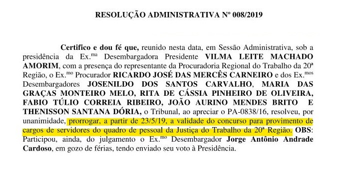 concurso trt se - validade prorrogada