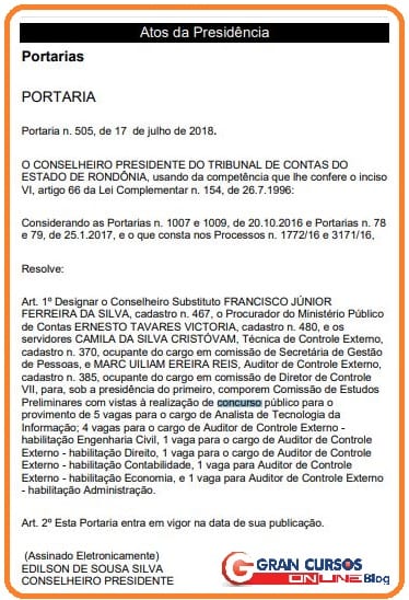 Comissão formada para concurso TCE RO.