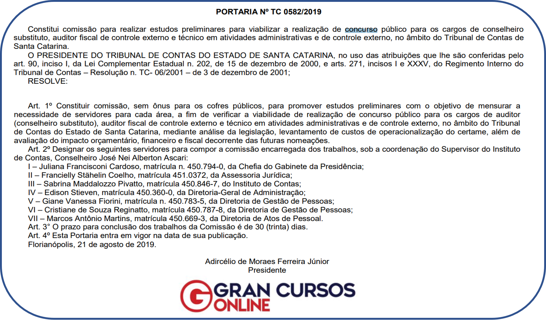 Concurso TCE SC: Portaria