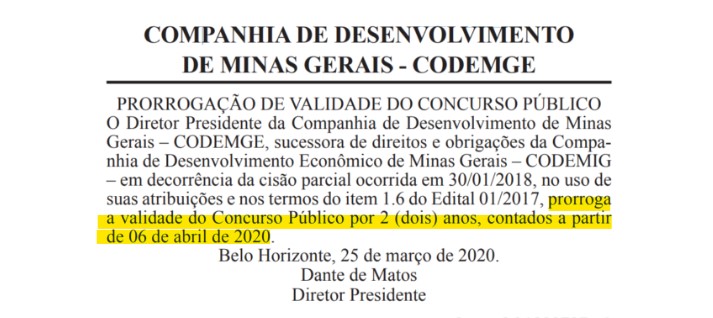 concurso codemig - validade prorrogada