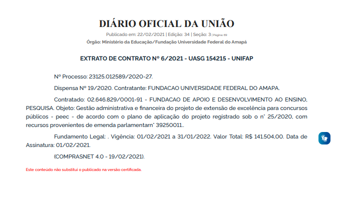 Concurso UNIFAP: extrato de contrato