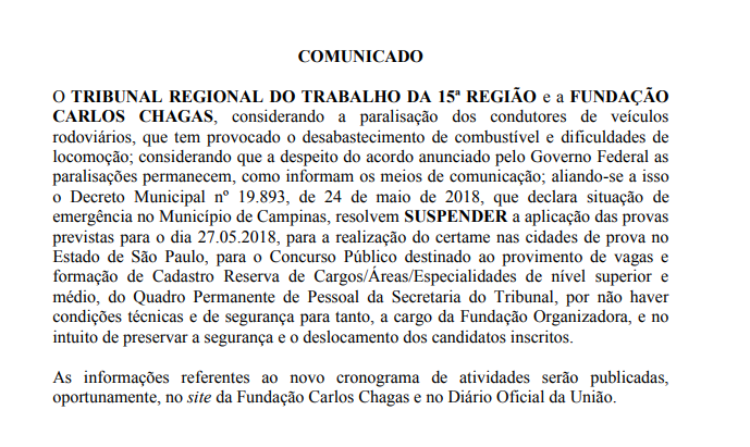 Concurso TRT 15: provas são adiadas devido à greve dos caminhoneiros.