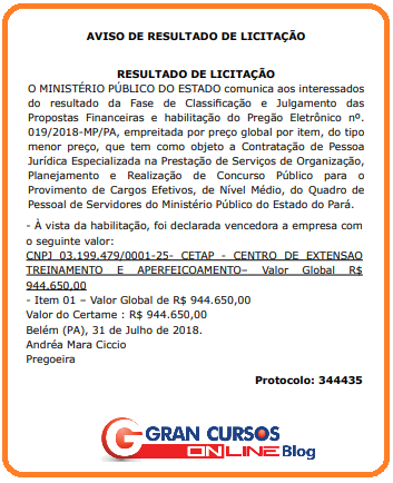 Resultado da licitação do concurso MP PA.