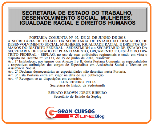 Portaria com atribuições de cargos do Concurso Sedest DF.