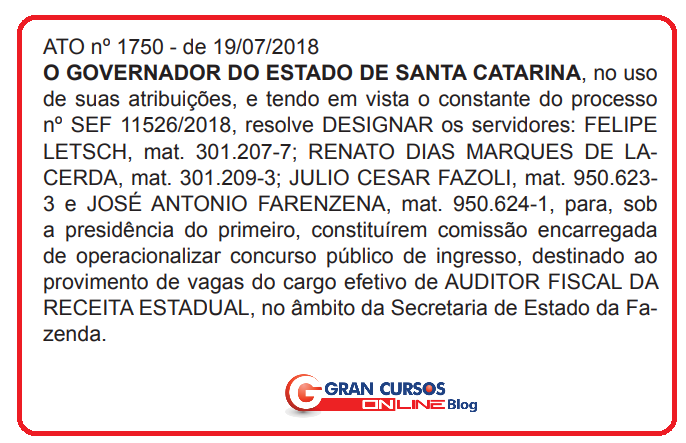 Ato de formação da comissão organizadora do concurso Sefaz SC.