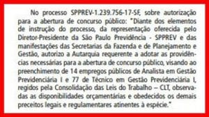 Concurso SPPrev: autorizado! Veja na imagem extraída do Diário Oficial de SP.
