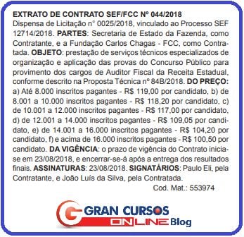 Extrato do contrato da banca para o concurso Sefaz SC.