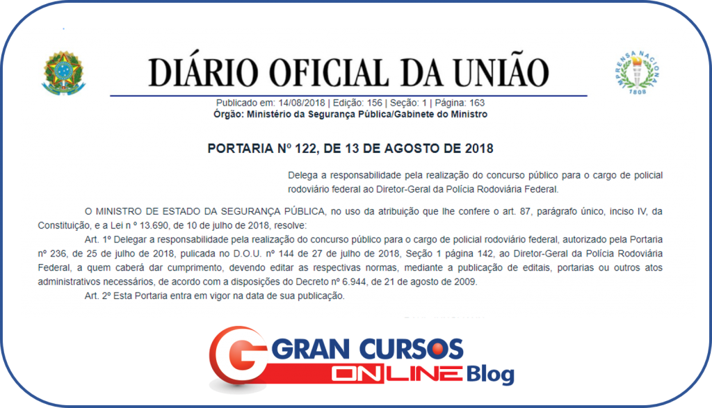 Concurso PRF: portaria do Diário Oficial.