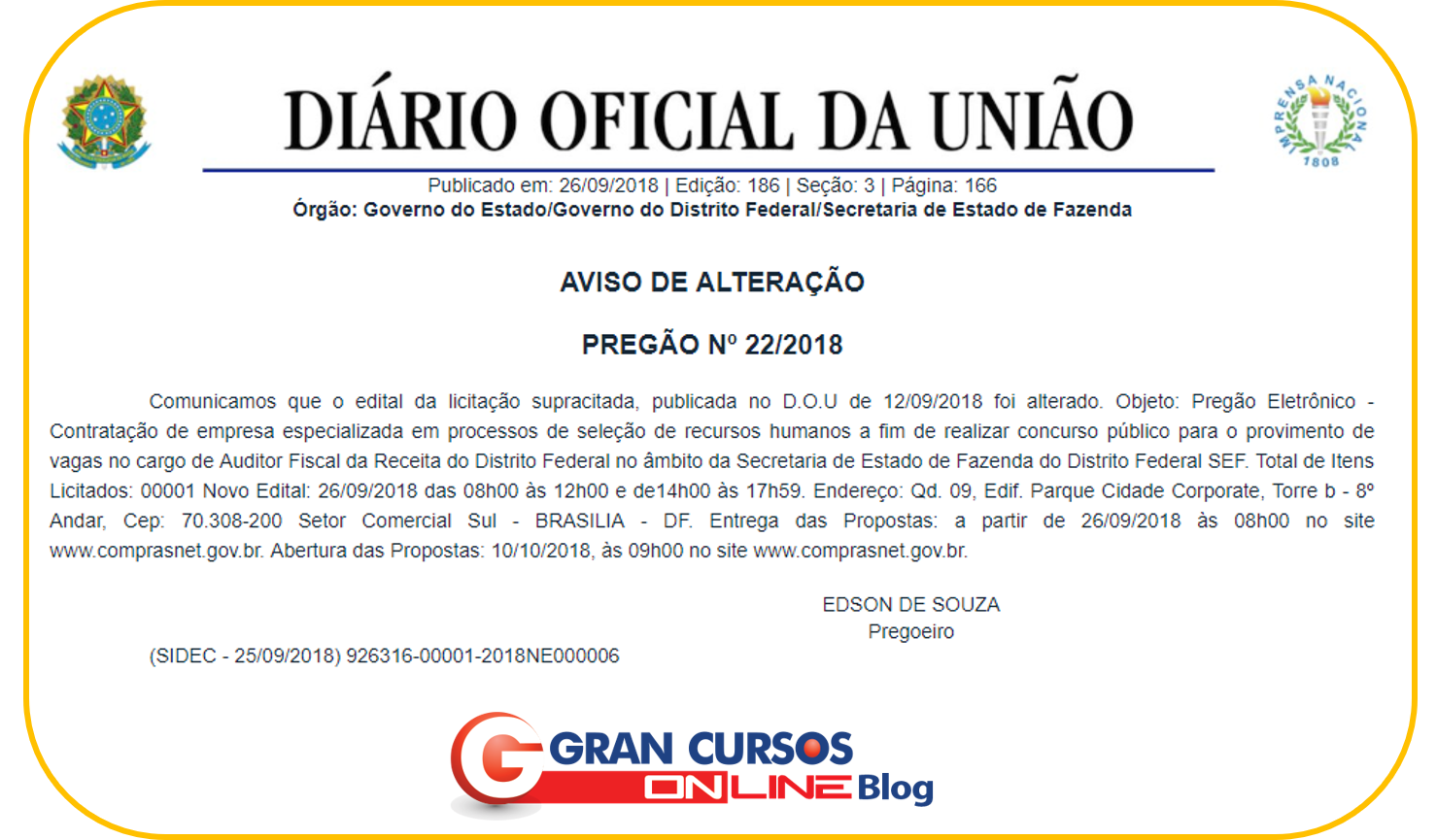 Concurso SEFAZ DF: Aviso de licitação.