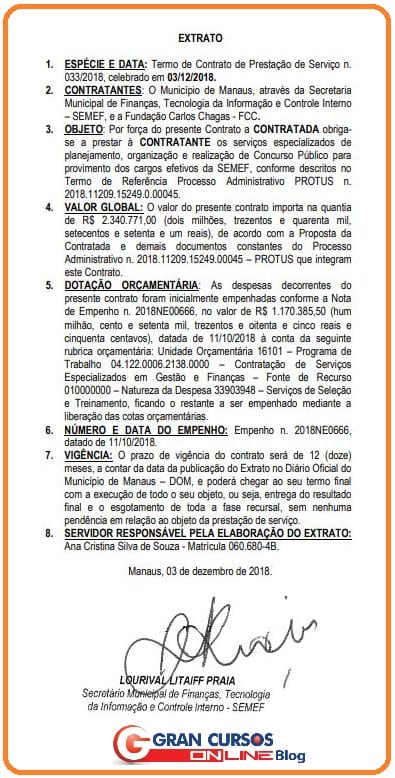 Extrato de contratação da FCC para o concurso ISS Manaus.