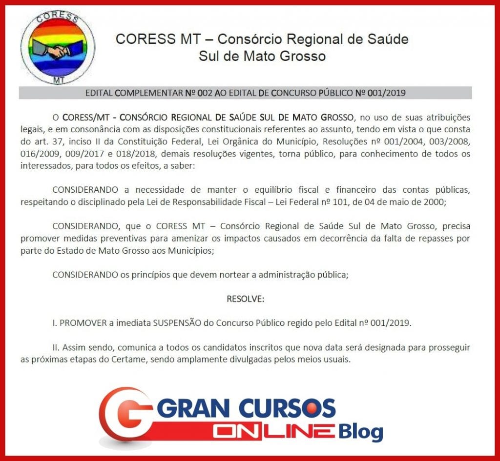 Concurso CORESS MT: documento de suspensão do certame.