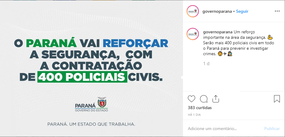 Concurso PC PR: anuncio em rede social do governo do Estado do Paraná.