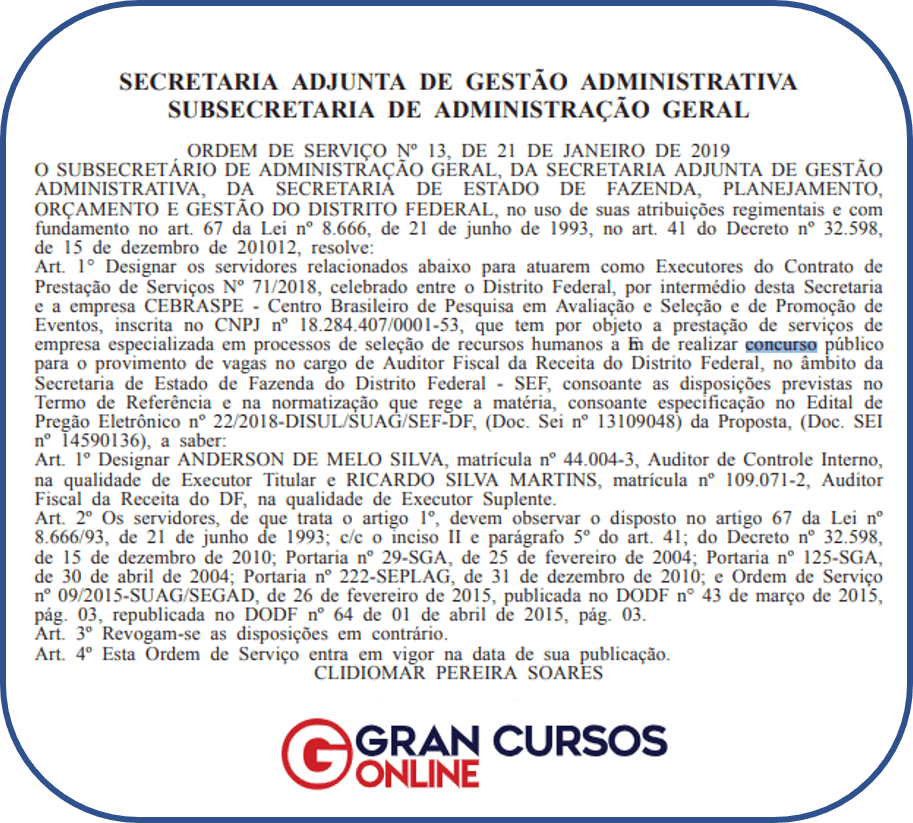 Concurso Sefaz DF: ordem de serviço!