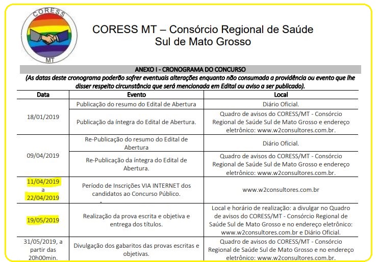 Concurso CORESS MT: novo cronograma.