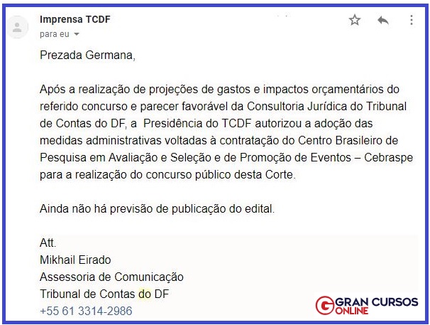 Concurso TCDF: Resposta da assessoria do órgão.