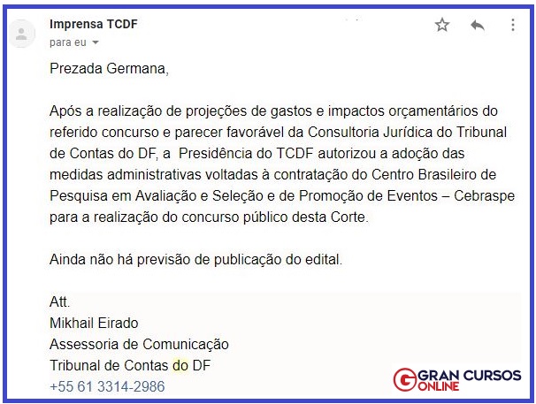 Edital TCDF: Resposta da assessoria de imprensa.