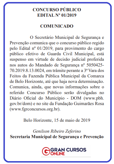 Concurso Guarda Municipal BH está suspenso