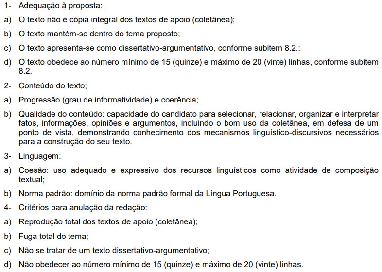 Critérios de avaliação da prova de redação do concurso de 2013