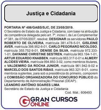 Concurso Agente Prisional SC: Portaria publicada no Diário Oficial do Estado de Santa Catarina.