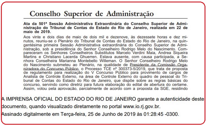 Edital TCE RJ: ata da sessão administrativa extraordinária.