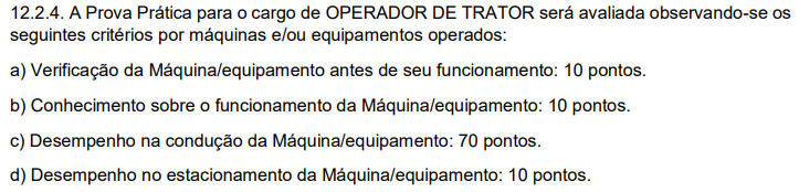 Critérios de pontuação da Prova Prática