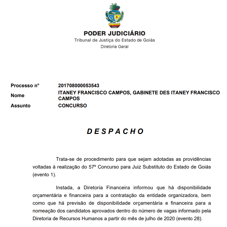 Concurso TJGO: Despacho Internado
