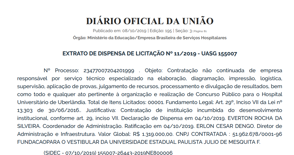 Concurso EBSERH: extrato de dispensa de licitação