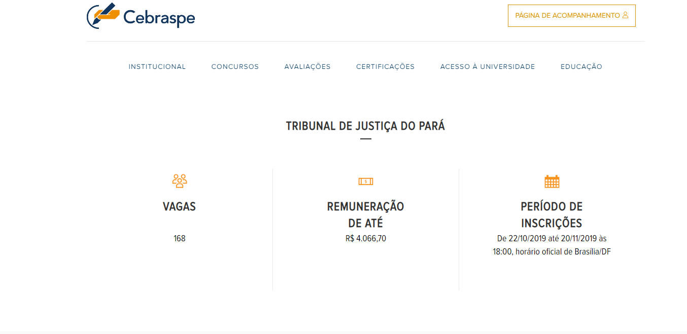 Concurso TJ PA: site do Cebraspe onde será publicado o edital.