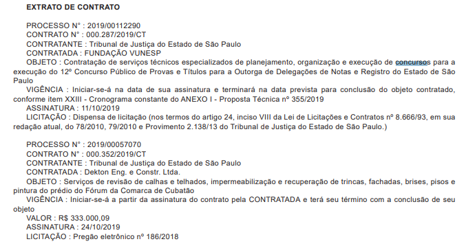 concurso tj sp cartórios: contrato com a empresa escolhida.