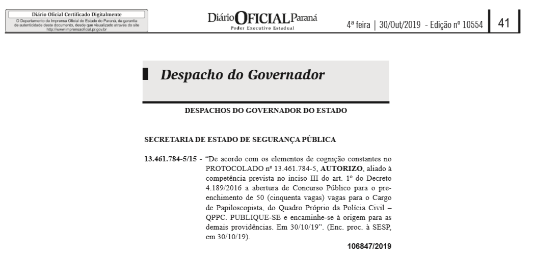 Concurso Polícia Civil PR: despacho do governador.