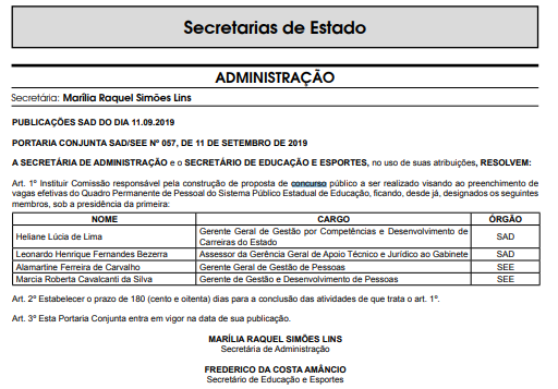 Concurso SEE PE: nomeação da comissão organizadora