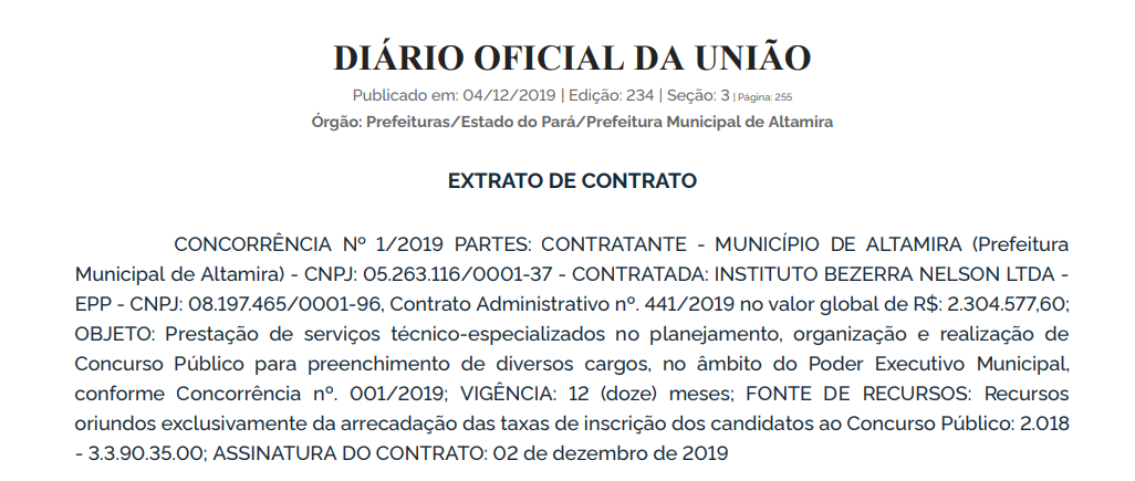 Concurso Prefeitura Altamira PA: Diário Oficial da União 