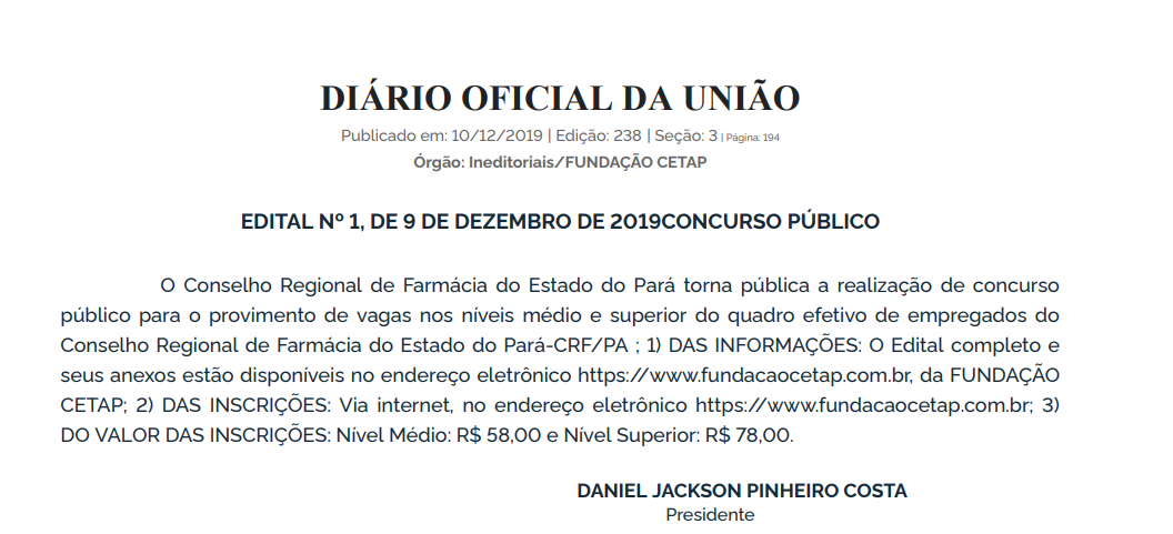 Edital CRF PA: Extrato de edital no Diário Oficial da União 