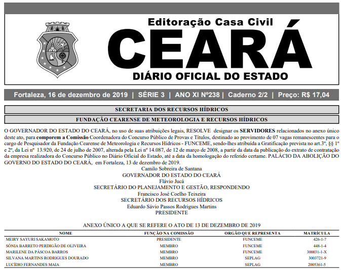 Concurso Funceme: comissão alterada.