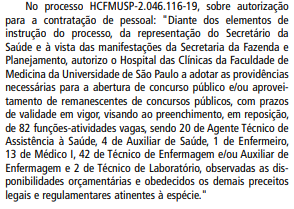 Autorização do concurso Hospital das Clínicas da USP