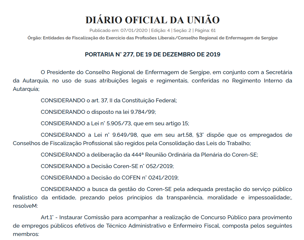 Concurso Coren SE: comissão organizadora definida!