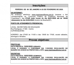 Estão abertas as inscrições para o concurso da Prefeitura de Municipal de Cuparaque, Minas Gerais