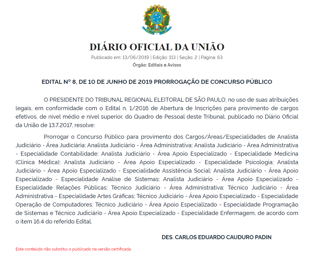 Concurso TRE SP: prorrogação!