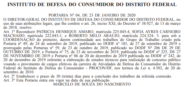 Concurso Procon DF: recondução Grupo de Trabalho 