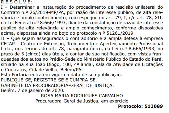 Concurso MP PA: instaurado procedimento para rescisão unilateral de contrato.