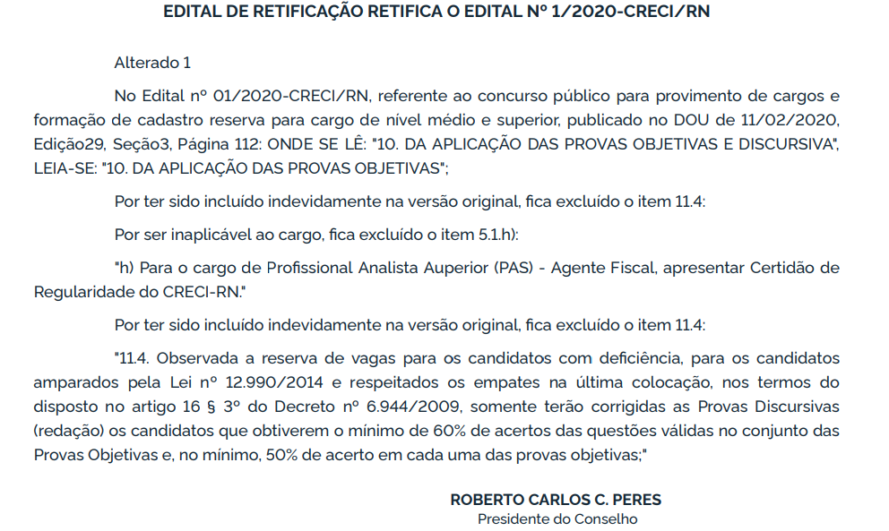 Alteração no concurso CRECI RN publicada no Diário Oficial da União