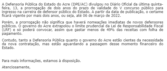 Concurso DPE AC: resposta da Assessoria!