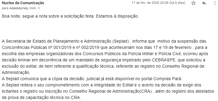 Concurso PC PA: nota oficial da Seplad PA