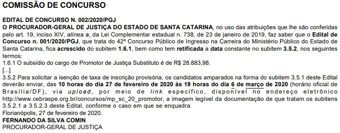 Concurso MP SC Promotor: errata do edital.
