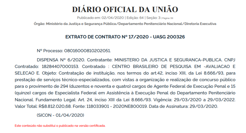 Concurso DEPEN: extrato de contrato!