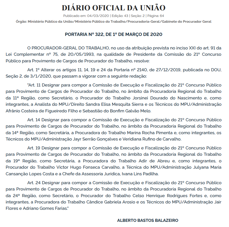 Concurso MPT: publicação no Dou, 4 de março!