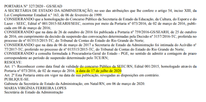 concurso seec rn vigencia