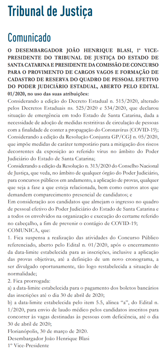 Concurso TJ SC: atividades suspensas