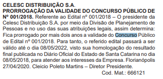 Concurso Celesc: prorrogação do certame de 2018.